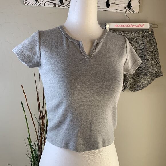 𝅺brandy Melville gray crop top V cut out at neckline short sleeves - Picture 9 of 13